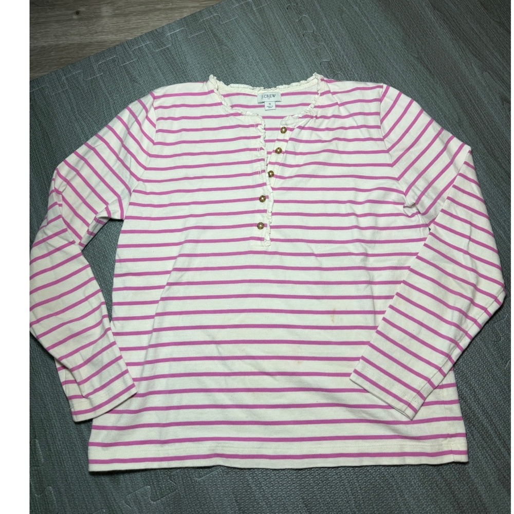 J.Crew Womens Pink White Striped Ruffle Henley Long Sleeve Cotton Top Size S